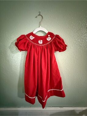 Nola Red Smocked Puff Sleeve Dress with White Trim